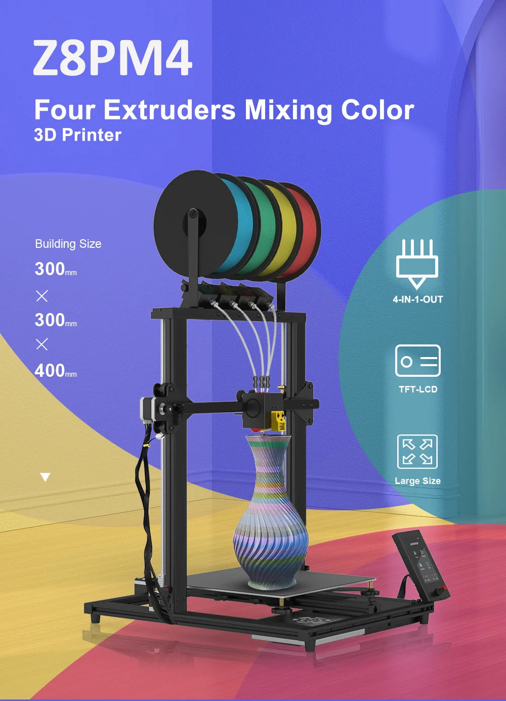 ZONESTAR New Upgrade 4 Extruder 4-IN-1-OUT Mix Color Large Size High Precision Silent Fast Installation FDM 3D Printer DIY Kit