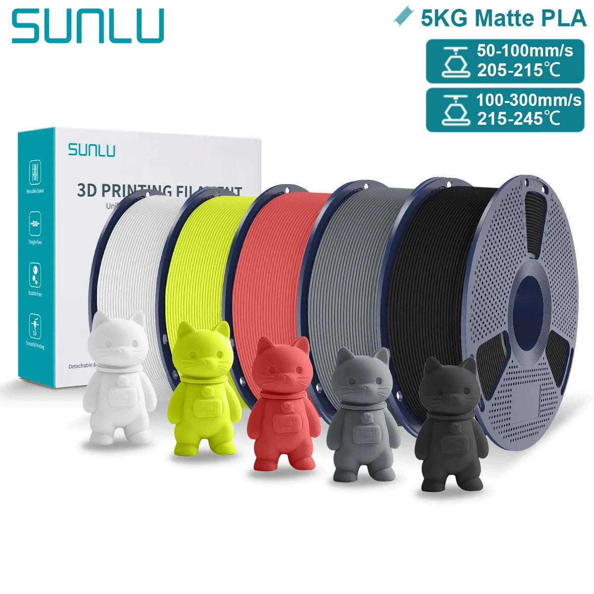 SUNLU Matte PLA 3D Filament 1.75mm Neatly Wound Easy to Use Colorful PLA Matte Surface for Most FDM Printer 3D Printing Material
