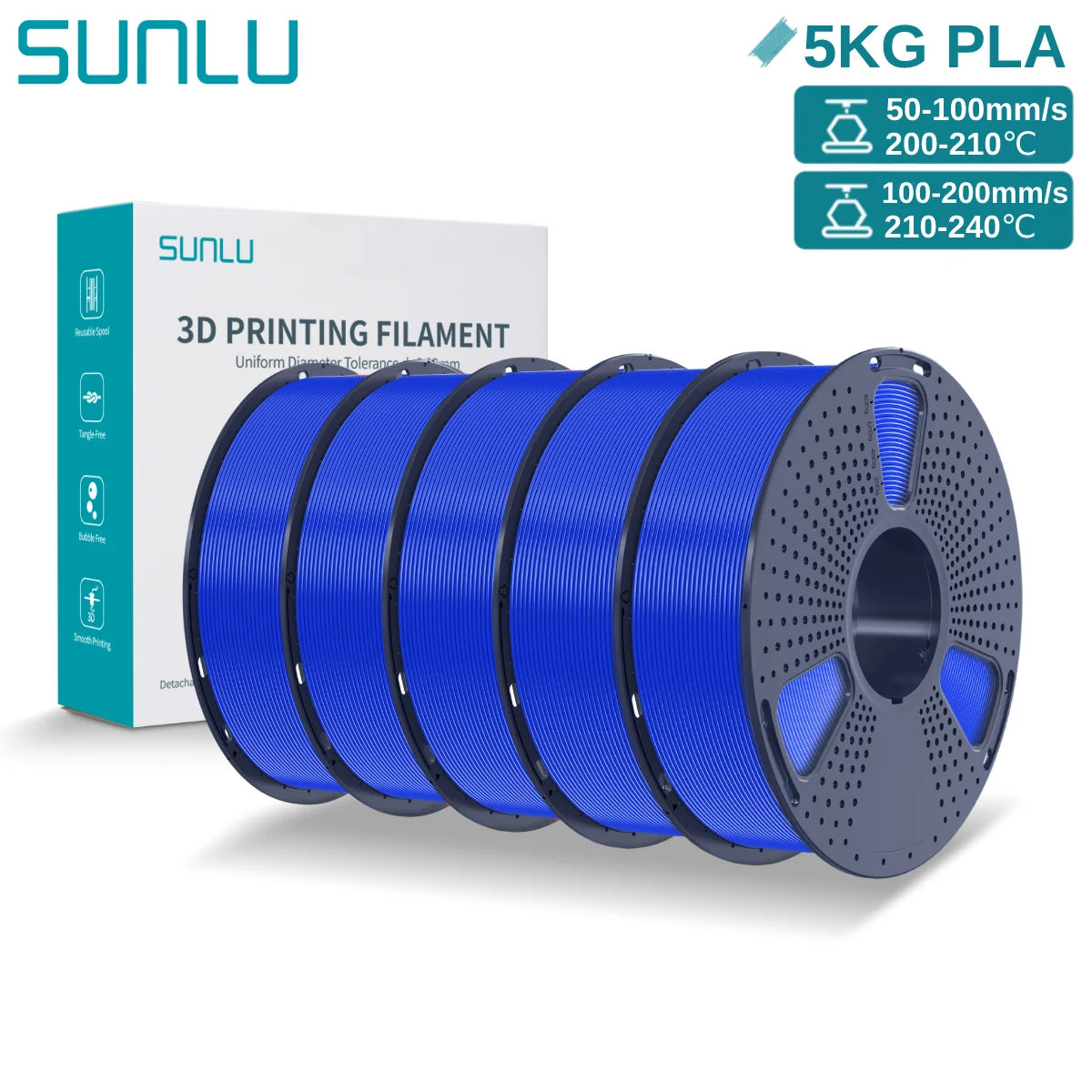 SUNLU 3D PLA Filament 1.75mm 5KG Multicolor Neatly Wound PLA Plastic 3D Filaments with Reusable Spool for Most FDM 3D Printer