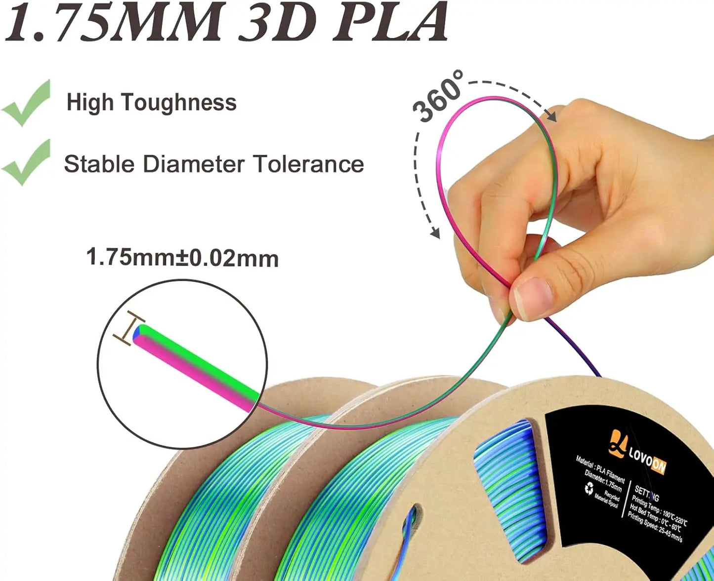 Silk PLA 3D Printing Filament Bundle 2KG, PLA Filament 1.75mm Shiny Tricolor Pack Fast Color Change 3D Printer Filament
