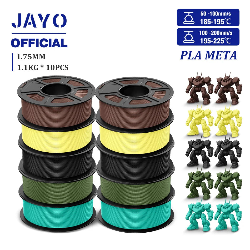 JAYO PLA Meta 3D Printer Filament 1.75mm High Flow PLA 3D Filament 1.1KG*10Rolls Neatly Wound 3D Printing Filament Fit Most FDM