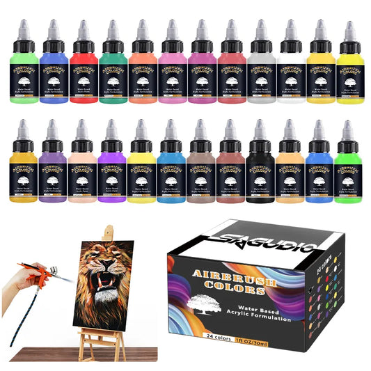 SAGUD Airbrush Paint Set 12/24 Colors 30ML Opaque & Water Based Fluorescent Acrylic Paint for Shoes, Nails Art, DIY, Model Painting