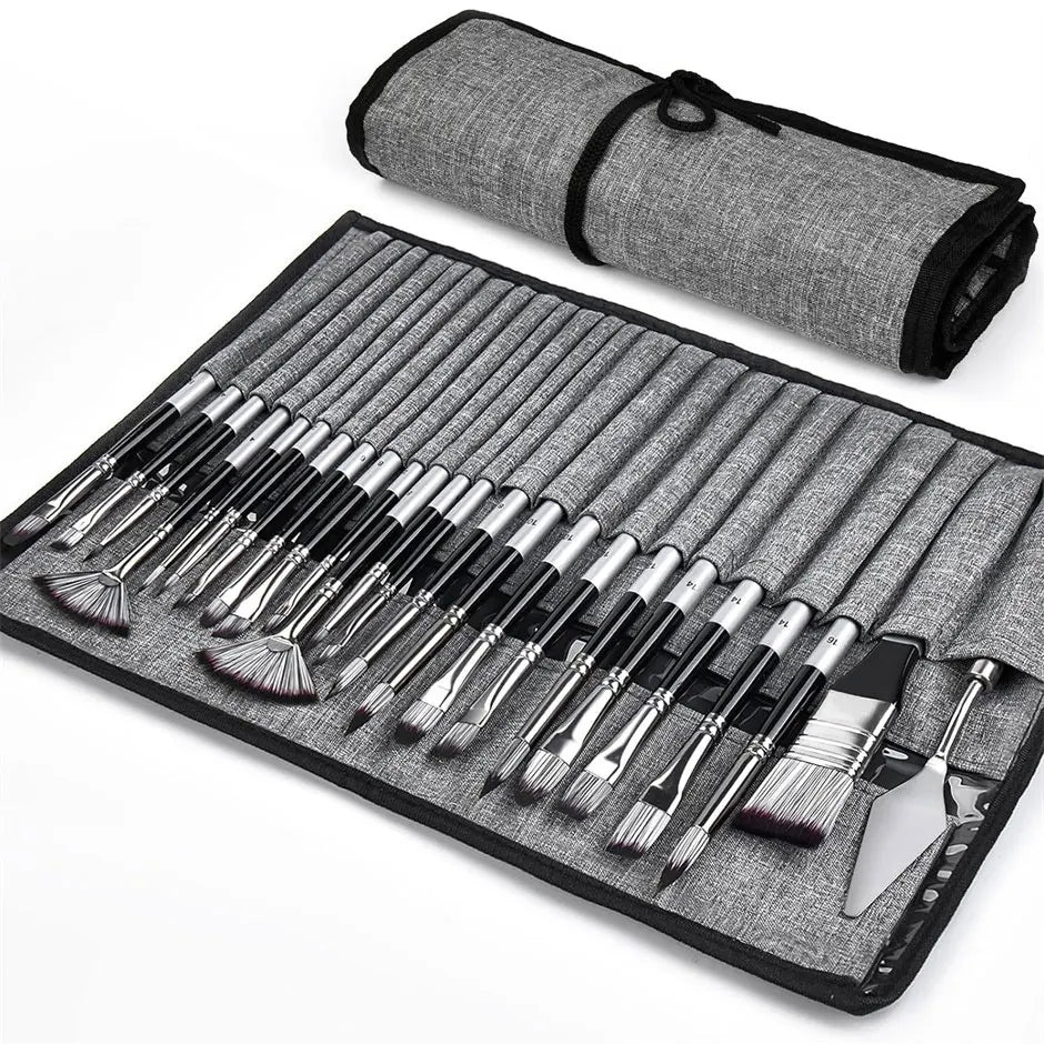 Professional 24-Piece Artist Paint Brush Set—Assorted Flat, Round, Fan & Detail Brushes with Premium Soft Bristles, Wooden Handle