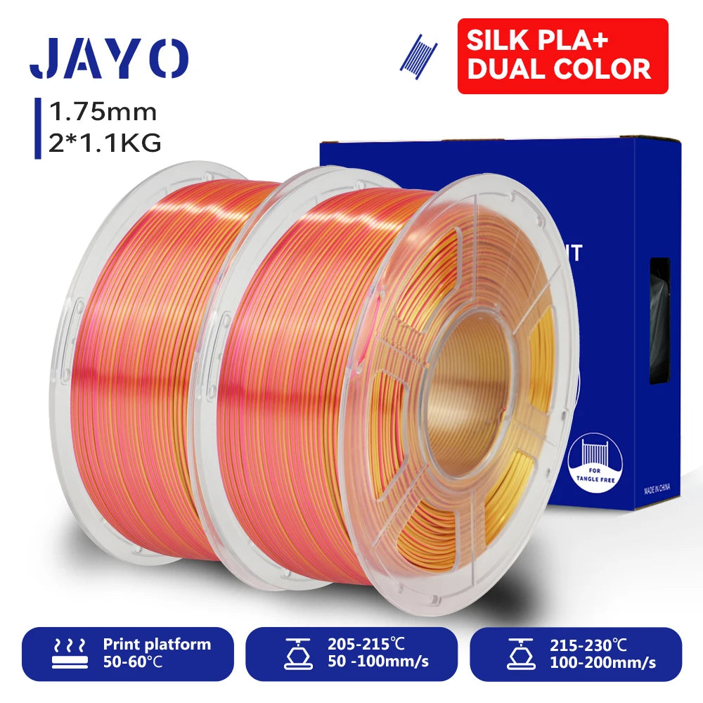 JAYO 3D SILK PLA+ Printer Filament 1.75mm+/-0.02mm  2Rolls SILK 3D Printer Filament Neatly Wound & No bubbles PLA for 3D Printer