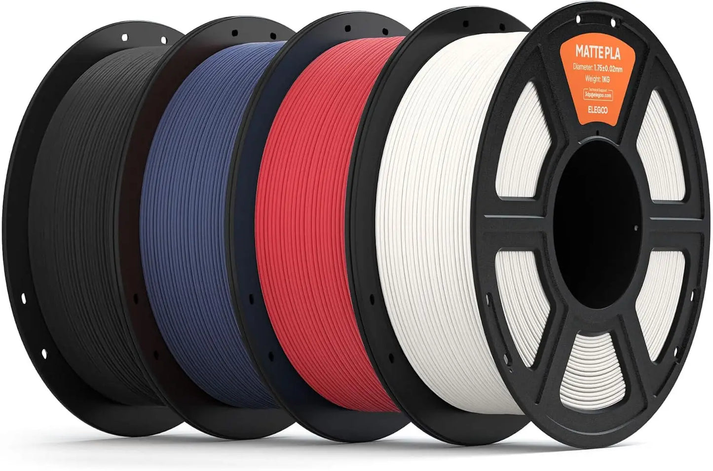 Matte PLA Filament 1.75mm Bundle 4KG, High Precision for FDM Printers in Black/White/Ruby Red/Navy Blue