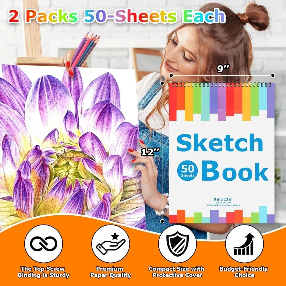 9" x 12" sketchbook, 2 packs of 50 spiral-bound art sketchbooks, acid-free artist drawing book paper