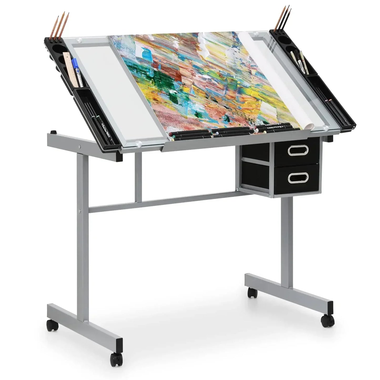 MoNiBloom Drafting Table on Wheels with Storage & Side Tray - Adjustable 0-65° Glass Tabletop, Replaceable Feet Art Desk