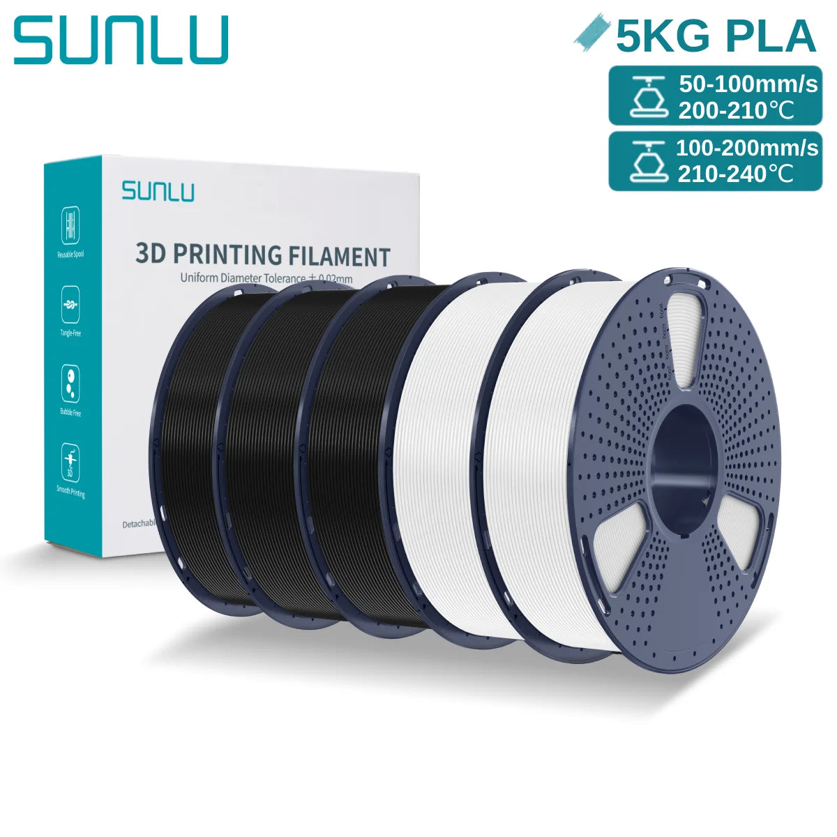 SUNLU 3D PLA Filament 1.75mm 5KG Multicolor Neatly Wound PLA Plastic 3D Filaments with Reusable Spool for Most FDM 3D Printer
