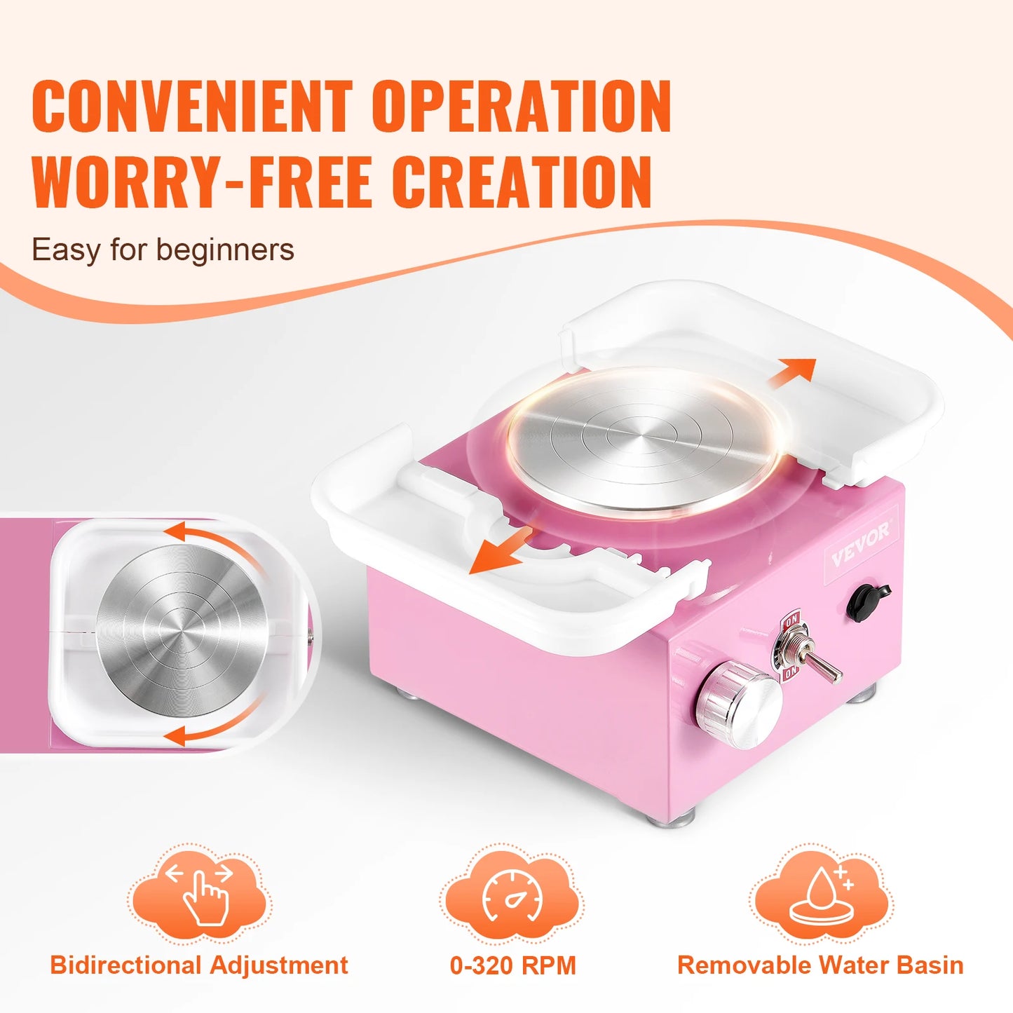 SucceBuy Mini Pottery Wheel 0-320RPM Adjustable Speed Detachable Basin 2.56in/3.94in 2 Turntable for ArtCraft Work Home DIY White