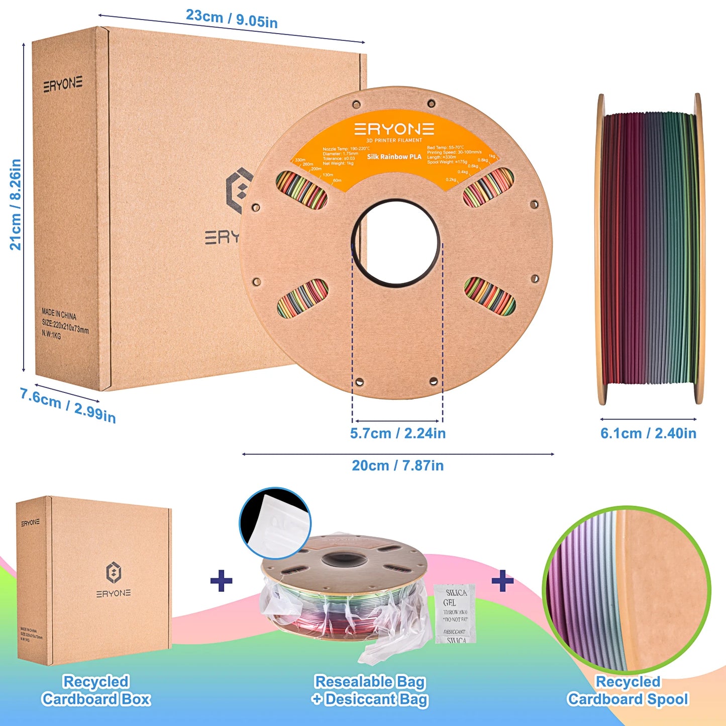 ERYONE 3KG Silk Rainbow PLA Filament 3D Print, Multicolor Available,filament pla silk rainbow,Silk shiny,1KG/Spool