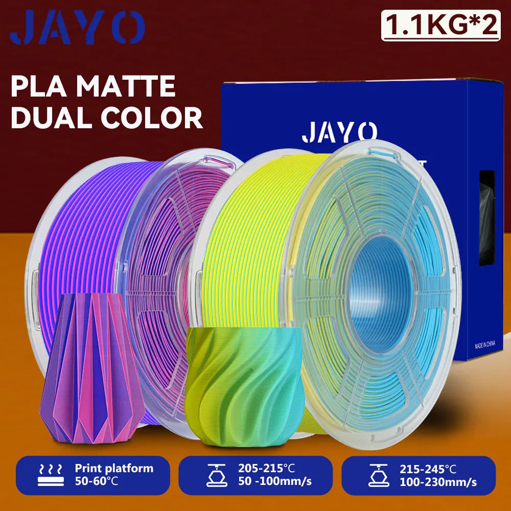JAYO 2Rolls 3D PLA Matte /Dual Color Matte PLA Printer Filament 1.75mm Neatly Wound & Matte Finish Print with 99% FDM 3D Printer