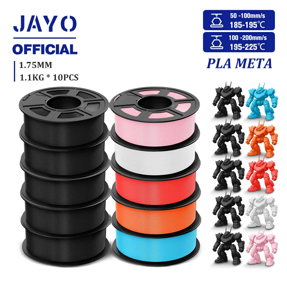 JAYO PLA Meta 3D Printer Filament 1.75mm High Flow PLA 3D Filament 1.1KG*10Rolls Neatly Wound 3D Printing Filament Fit Most FDM