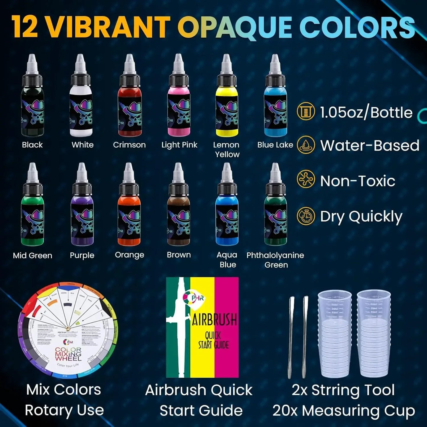 Outlet Air Brush Kit, Airbrush Compressor Painting Set with 1L Air Tank, 2x Airbrushes Kit, 12 Colors of Airbrush Acrylic Paint