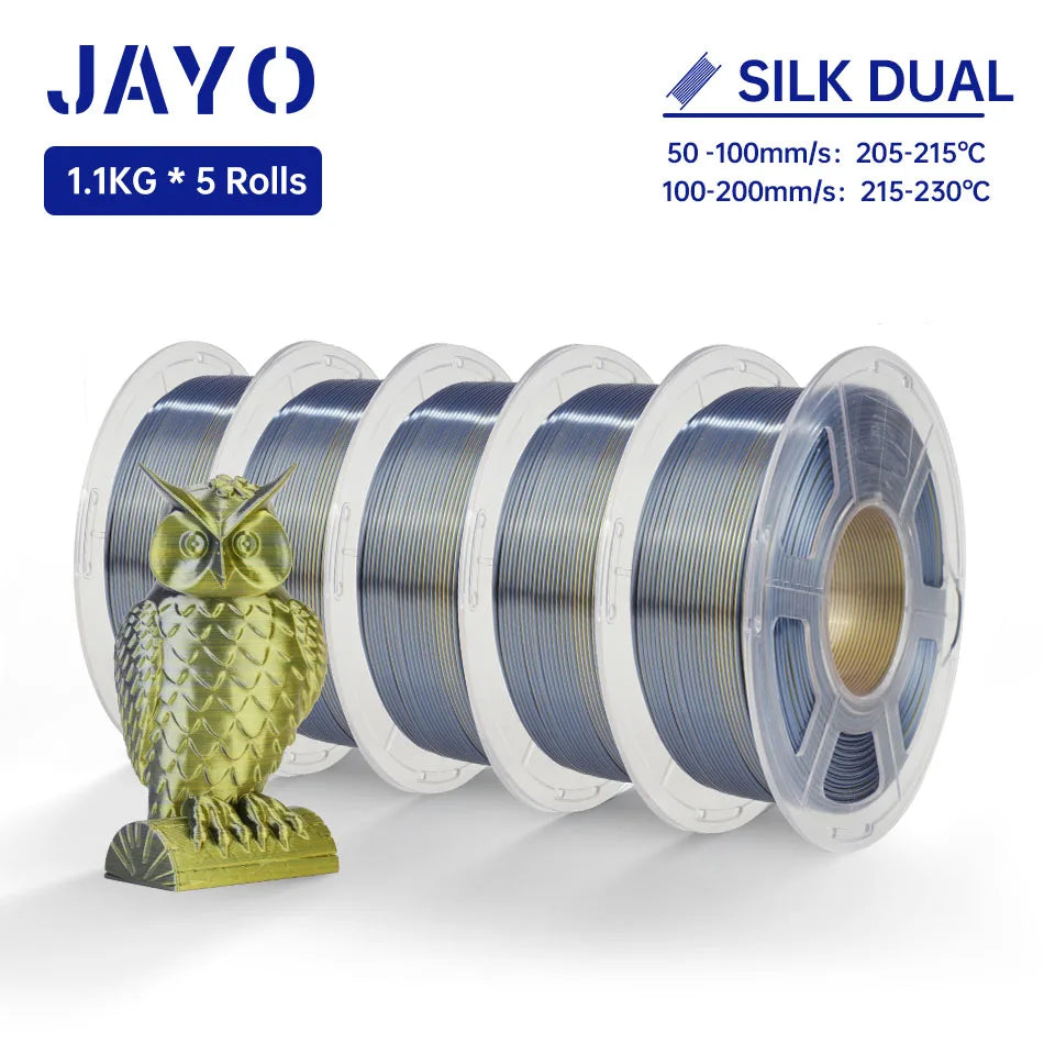 JAYO SILK PLA + Filament 1.75MM PLA 3D Filament 1.1KG for FDM 3D Printer  Neatly Wound Shiny 3D Printing Material 5Rolls