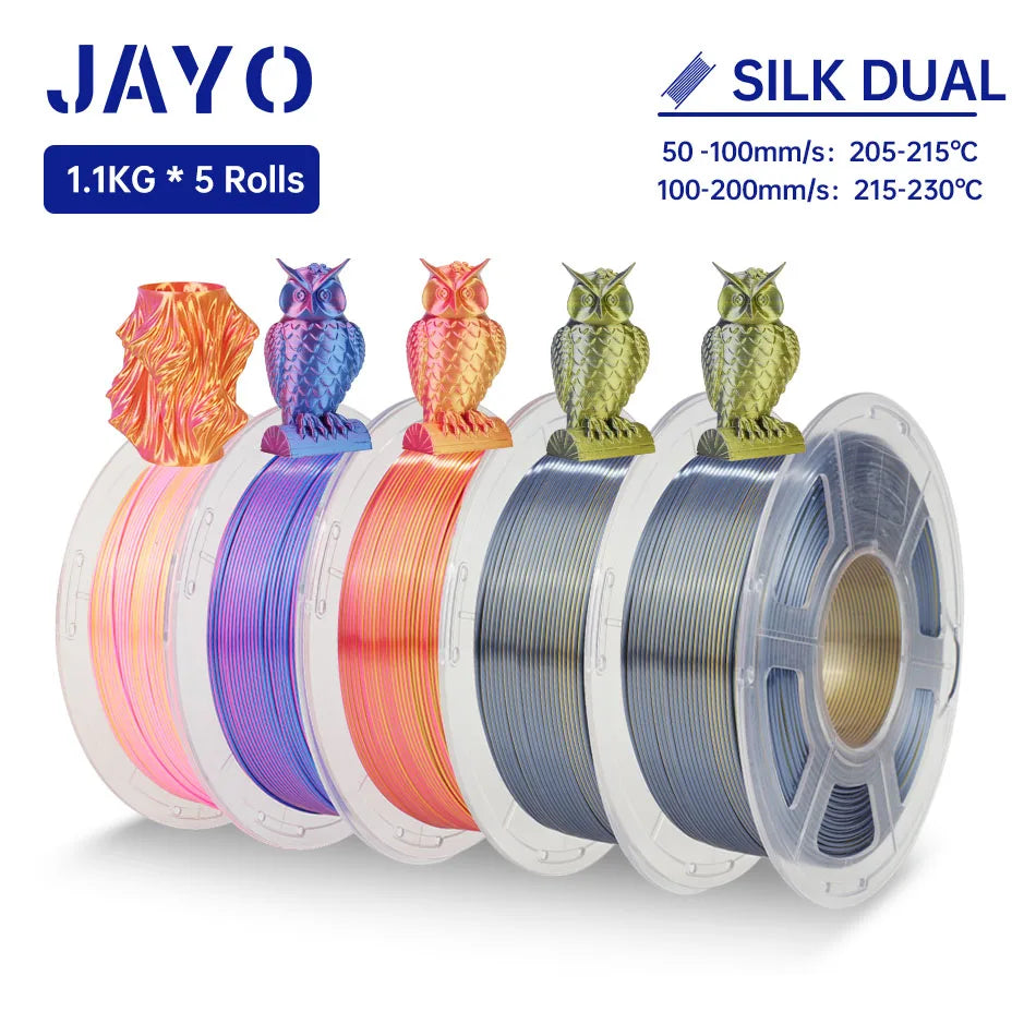 JAYO SILK PLA + Filament 1.75MM PLA 3D Filament 1.1KG for FDM 3D Printer  Neatly Wound Shiny 3D Printing Material 5Rolls