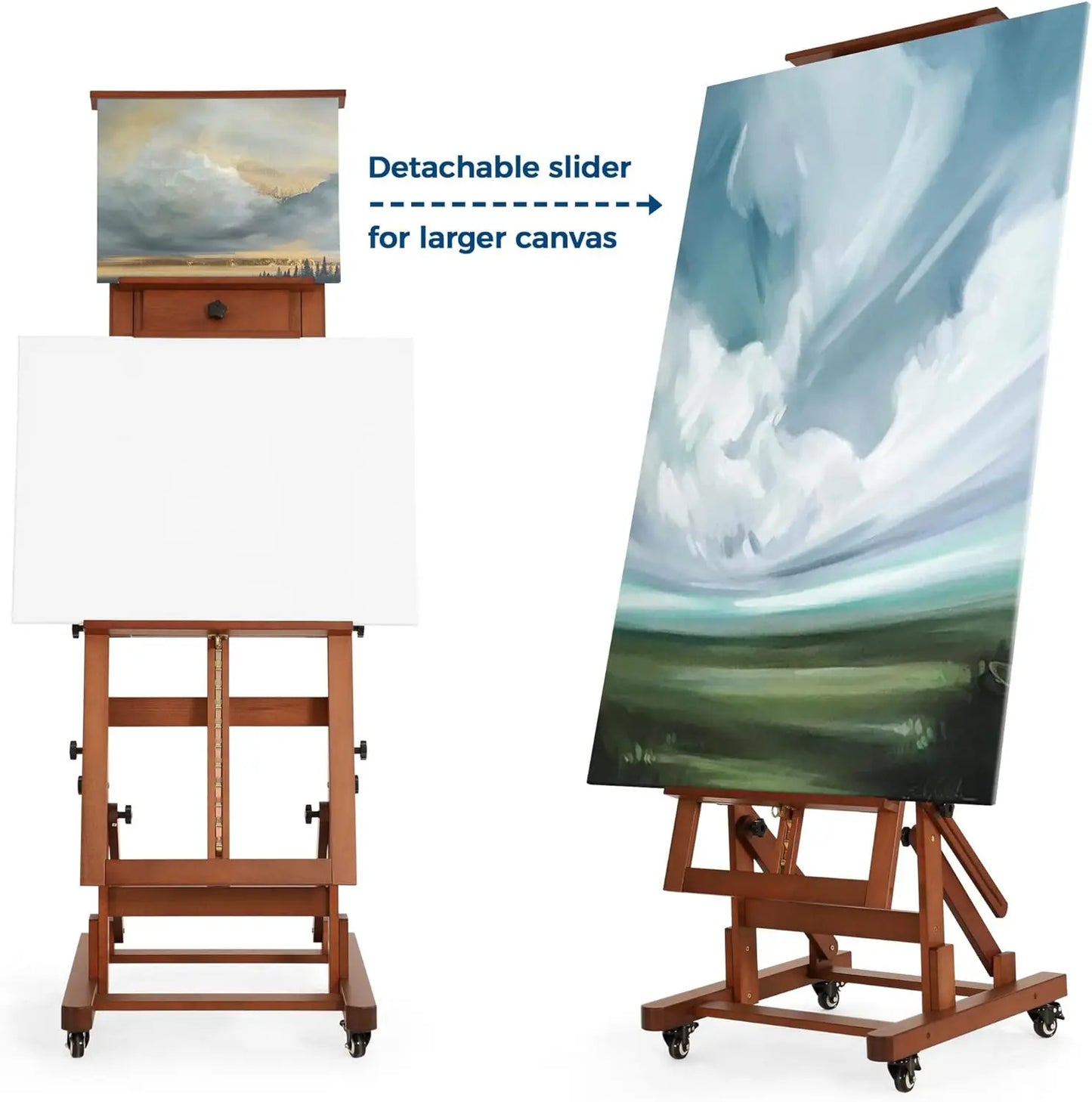 Hold 1 or 2 Canvas up to 79", Tilts Flat, Movable Solid Beech Wood Heavy Duty Floor Easel Stand for Painting