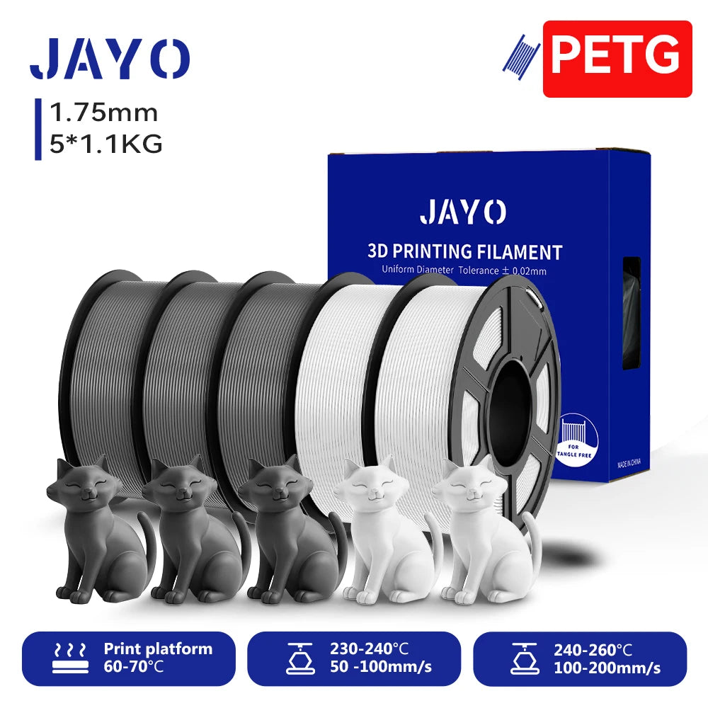 JAYO 3D PETG/PETG Clear 3D Printer Filament 1.75 ±0.02mm 5 /10Rolls High Toughness Neatly Wound Filament Fit Most FDM Printer