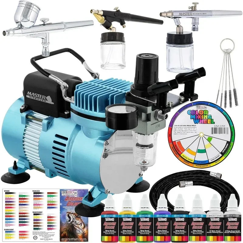 Master Airbrush Cool Runner II Dual Fan Airbrush System with Acrylic Paints, 3 Airbrushes, Guide - For Artists