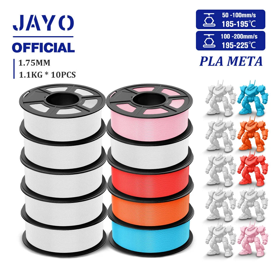 JAYO PLA Meta 3D Printer Filament 1.75mm High Flow PLA 3D Filament 1.1KG*10Rolls Neatly Wound 3D Printing Filament Fit Most FDM