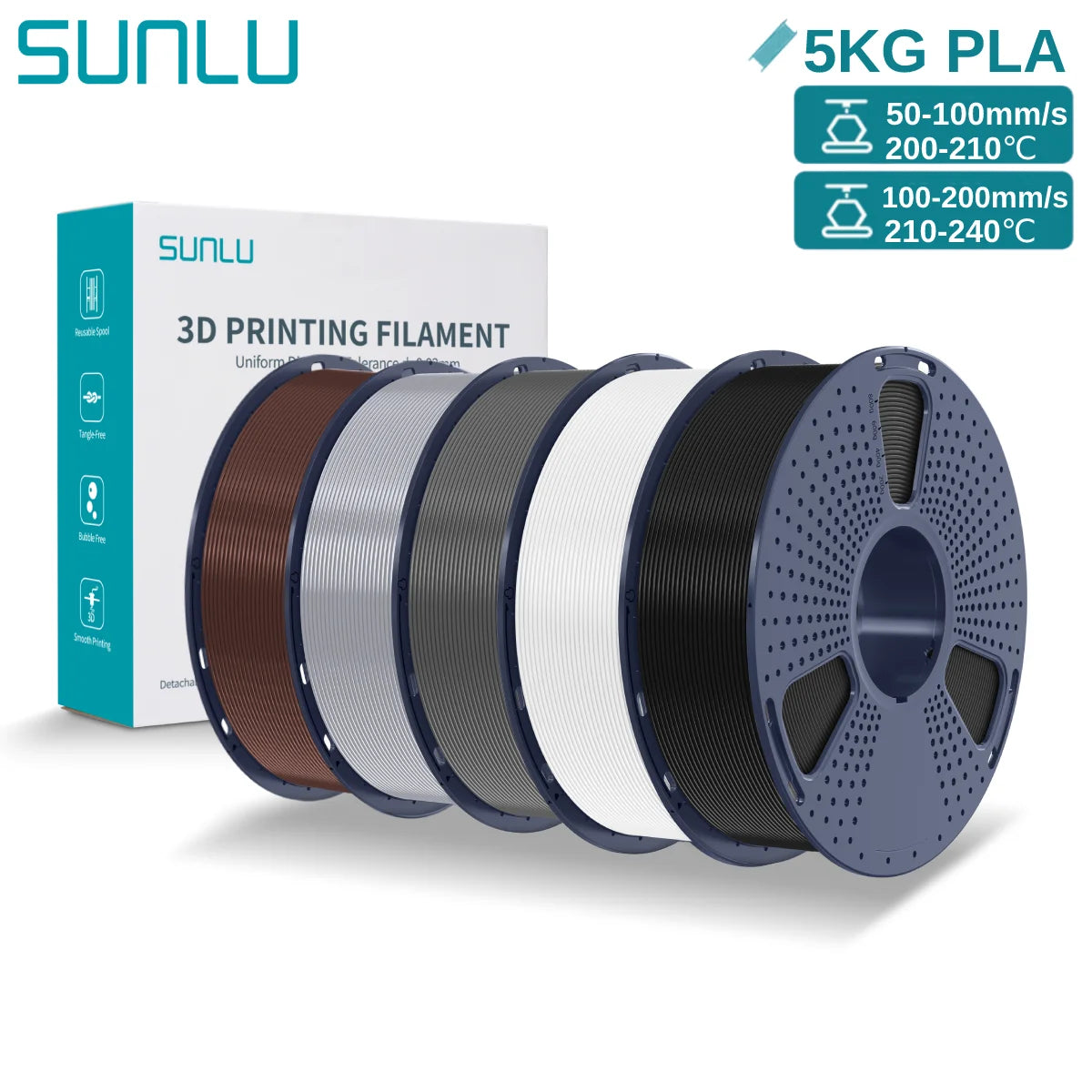 SUNLU 3D PLA Filament 1.75mm 5KG Multicolor Neatly Wound PLA Plastic 3D Filaments with Reusable Spool for Most FDM 3D Printer