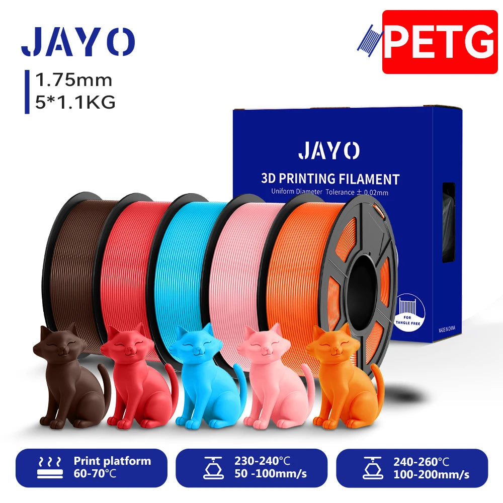 JAYO 3D PETG/PETG Clear 3D Printer Filament 1.75 ±0.02mm 5 /10Rolls High Toughness Neatly Wound Filament Fit Most FDM Printer