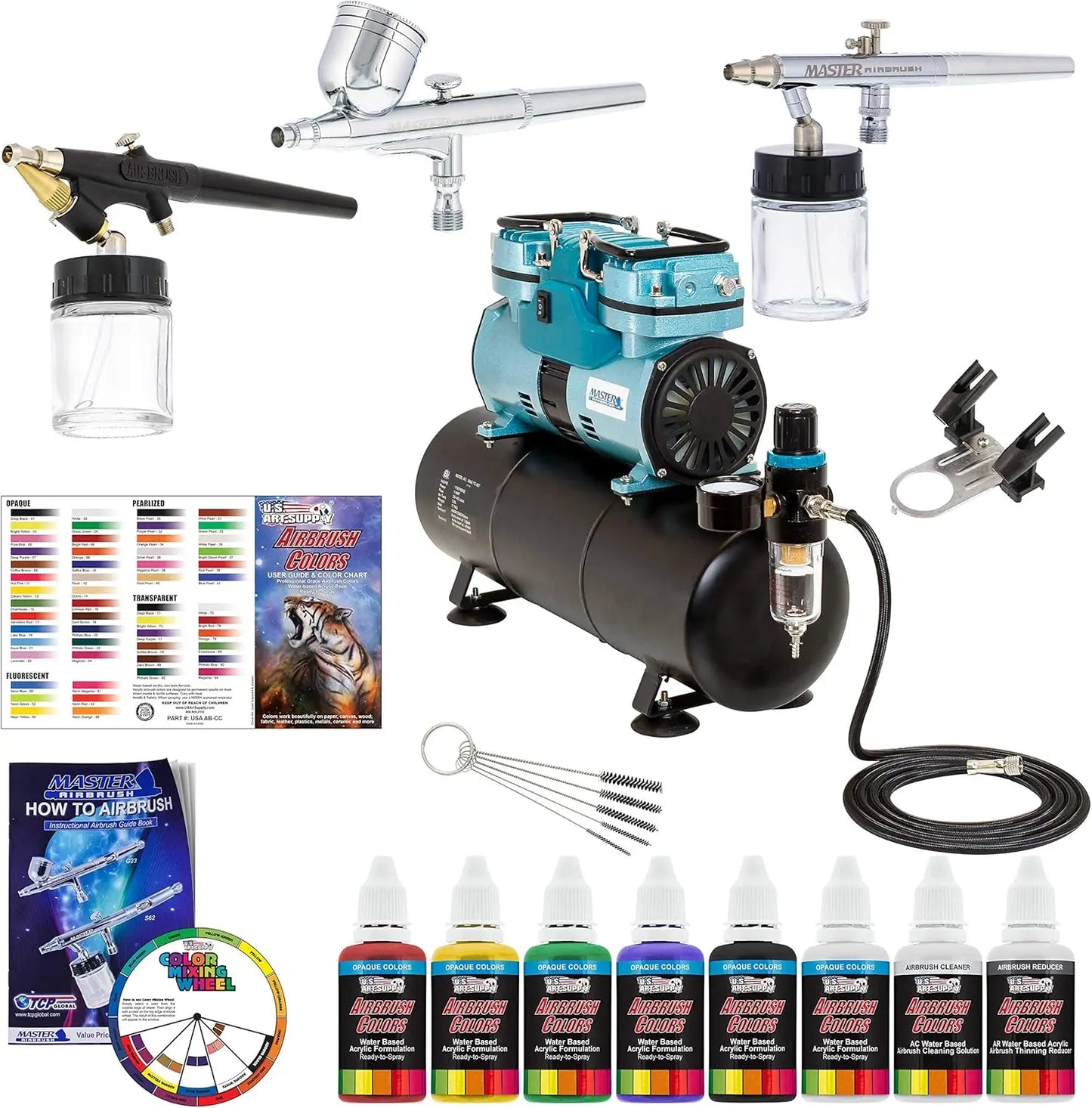 Powerful Master Airbrush Airbrushing System with 3 Airbrushes, 6 U.S. Art Supply Primary Colors Acrylic Paint Set