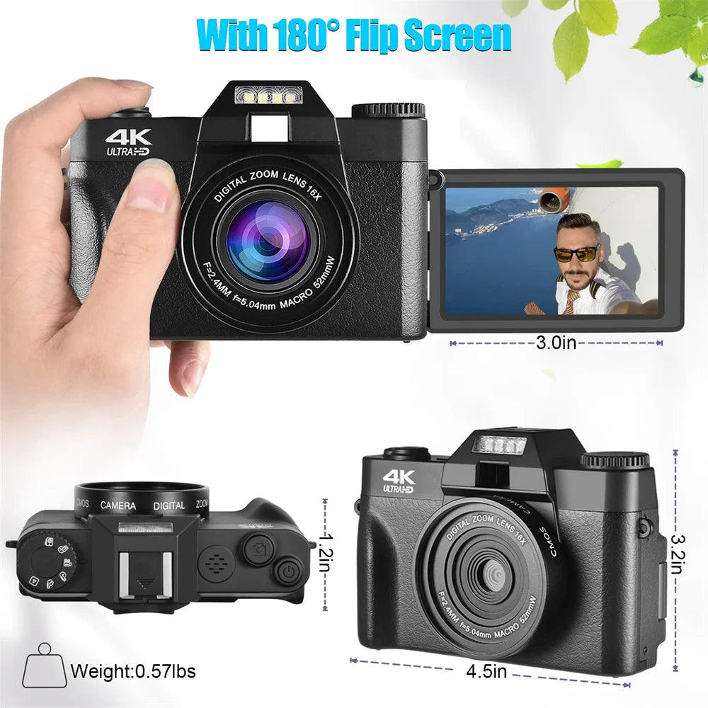 48MP Digital Photography Camera 4K WIFI Web, Camcorder, Vintage, Vlog, Video Recorder, YouTube 16X Digital Zoom Camera 3" Flip Screen