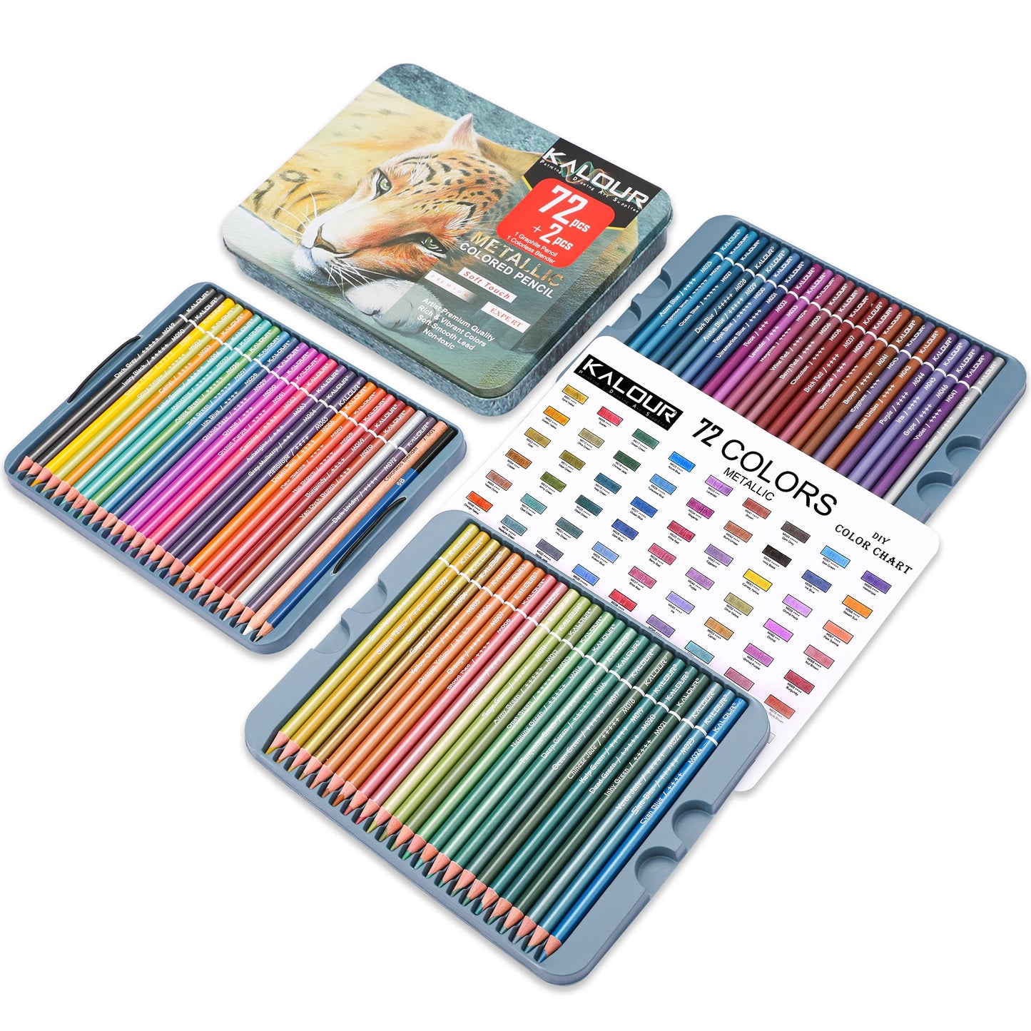 KALOUR 50/72 Colors Metallic Colored Pencils Set Soft Core Oil based in Tin Box,Shading Pencils for Beginners & Pro Artists