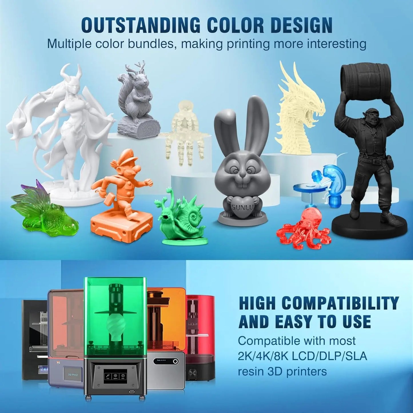 SUNLU 10KG Water Washable / Water Washable ABS Resin 1000G/Bottle 405nm Rapid UV-Curing Photopolymer Resin For LCD 3D Print