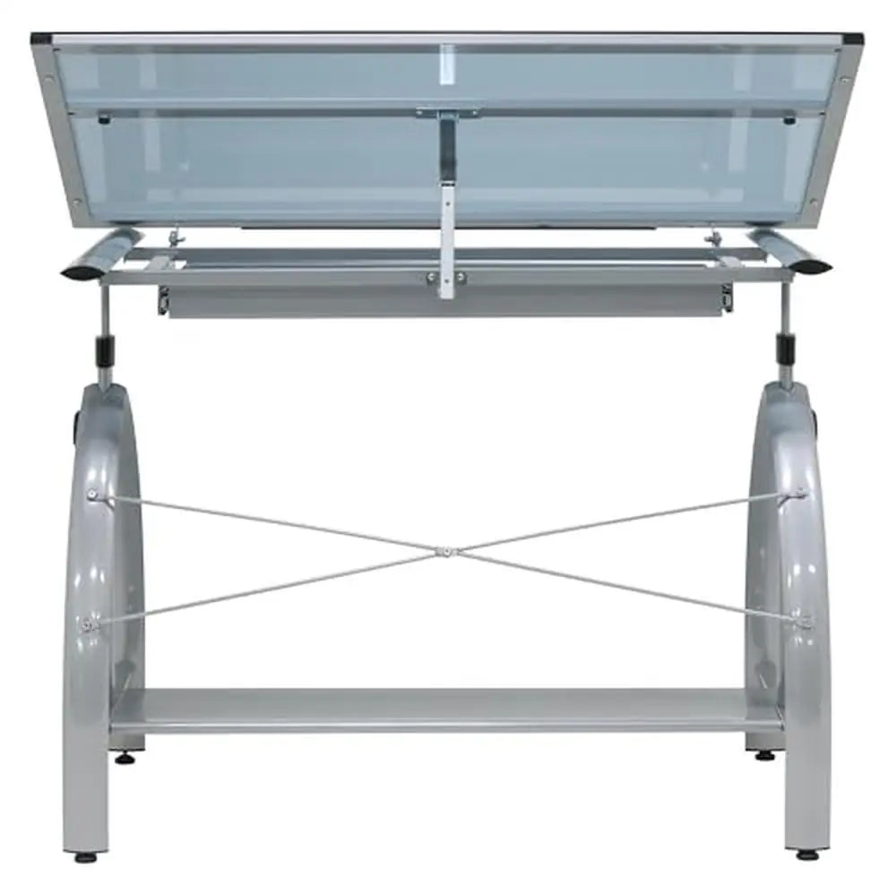 Adjustable Drafting Desk with Tempered Glass Top Storage Drawer Silver/Blue 42"W x 24"D