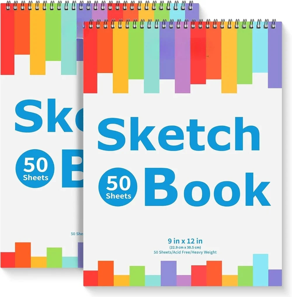 9" x 12" sketchbook, 2 packs of 50 spiral-bound art sketchbooks, acid-free artist drawing book paper