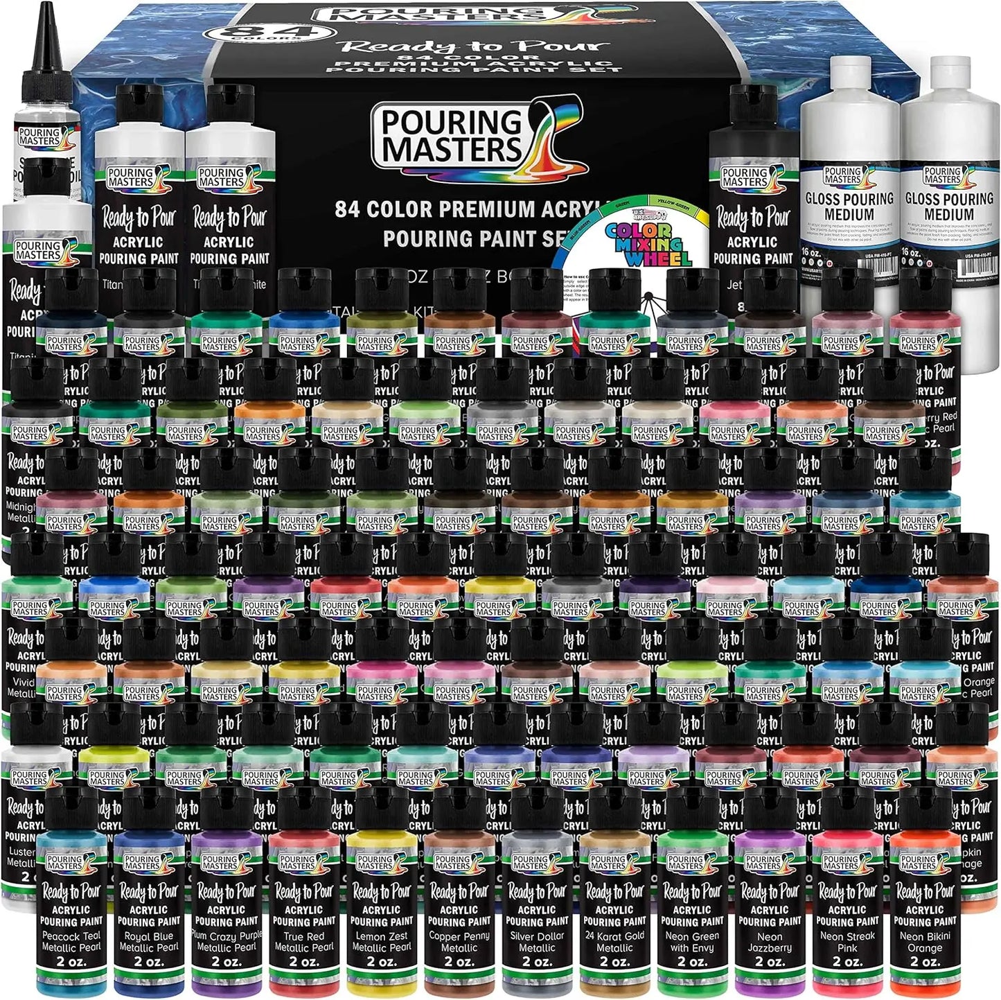 Pouring Masters 84-Color Ready To Pour Acrylic Pouring Paint Set With Silicone Oil & Gloss Medium - Premium Pre-Mixed High Flow