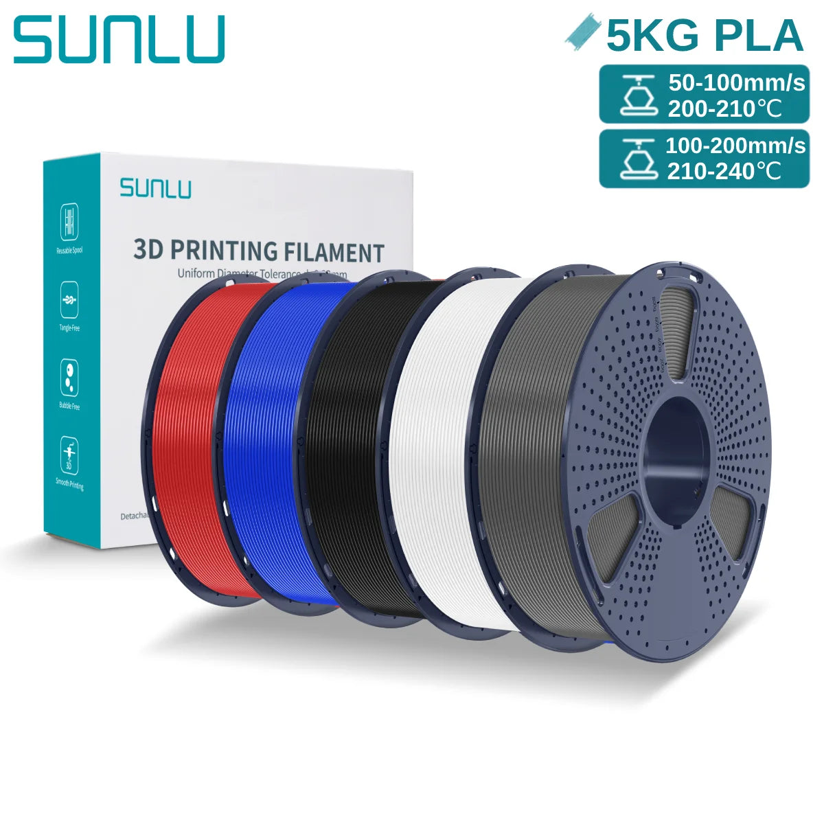 SUNLU 3D PLA Filament 1.75mm 5KG Multicolor Neatly Wound PLA Plastic 3D Filaments with Reusable Spool for Most FDM 3D Printer