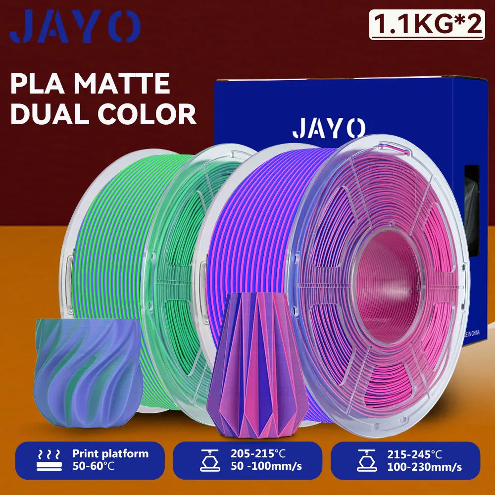 JAYO 2Rolls 3D PLA Matte /Dual Color Matte PLA Printer Filament 1.75mm Neatly Wound & Matte Finish Print with 99% FDM 3D Printer