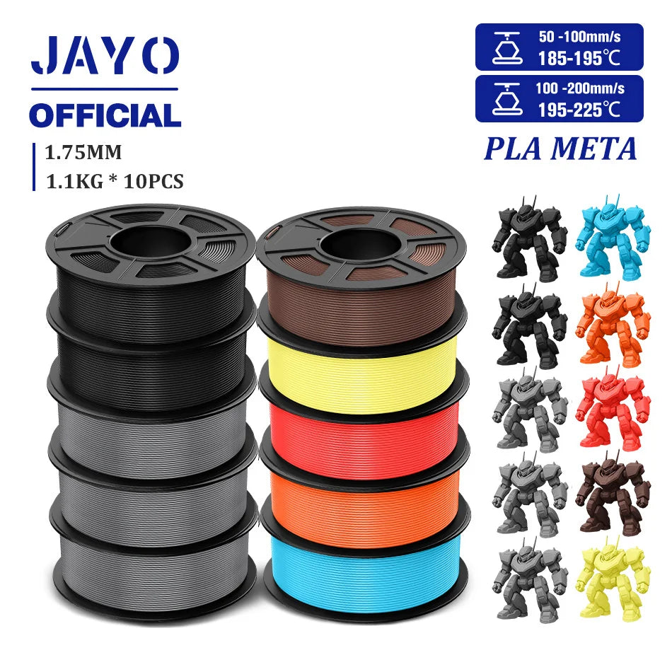 JAYO PLA Meta 3D Printer Filament 1.75mm High Flow PLA 3D Filament 1.1KG*10Rolls Neatly Wound 3D Printing Filament Fit Most FDM