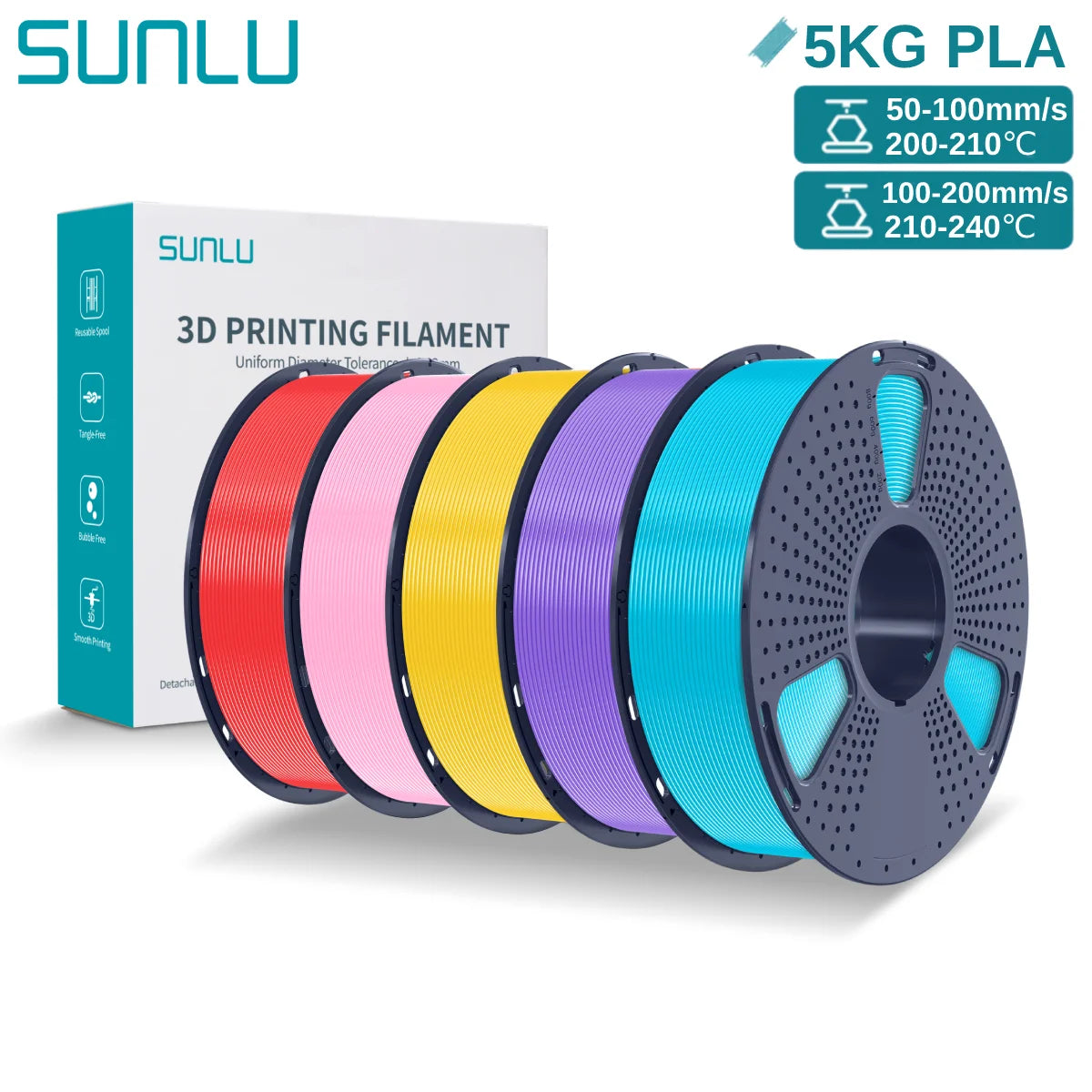 SUNLU 3D PLA Filament 1.75mm 5KG Multicolor Neatly Wound PLA Plastic 3D Filaments with Reusable Spool for Most FDM 3D Printer