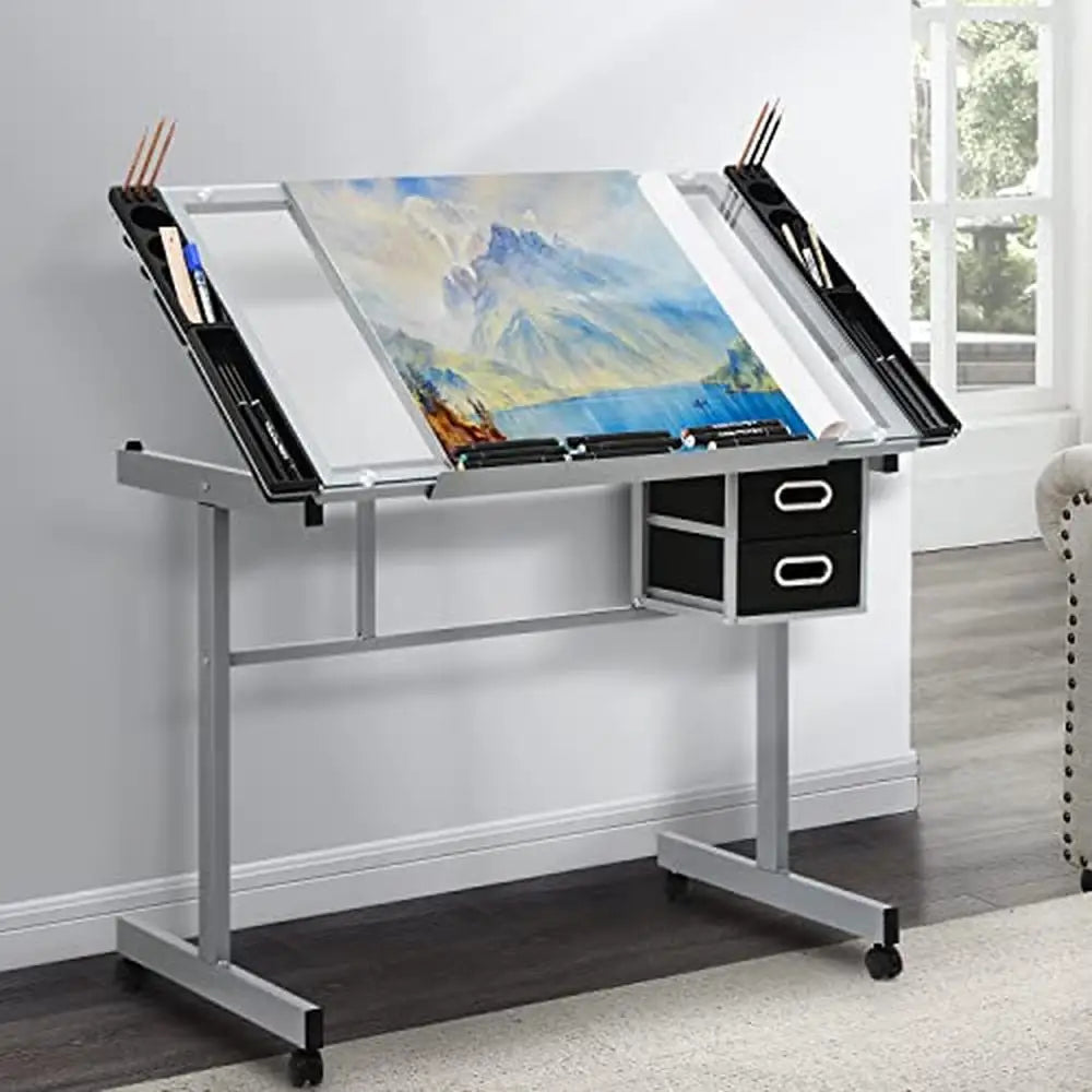 Glass Drafting Table Adjustable Angle Storage Tray Steel Frame Swivel Casters Stable Art Desk