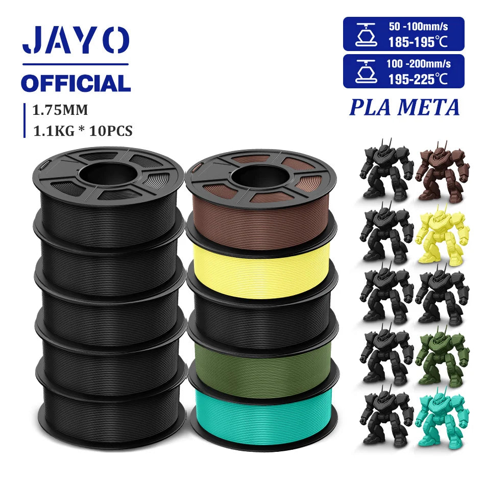JAYO PLA Meta 3D Printer Filament 1.75mm High Flow PLA 3D Filament 1.1KG*10Rolls Neatly Wound 3D Printing Filament Fit Most FDM