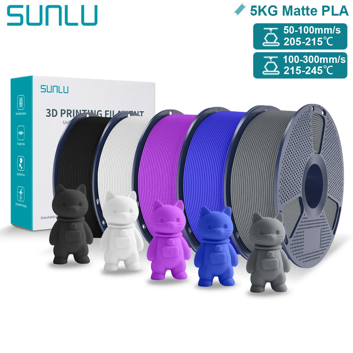 SUNLU Matte PLA 3D Filament 1.75mm Neatly Wound Easy to Use Colorful PLA Matte Surface for Most FDM Printer 3D Printing Material