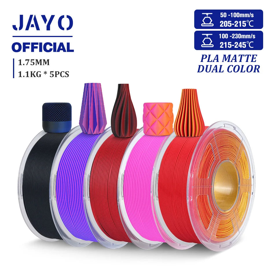 JAYO PLA Matte Dual Color 3D Filament 1.75mm PLA Matte 3D Printer Filament 5Rolls/Set PLA Filament Smooth Matte Finish