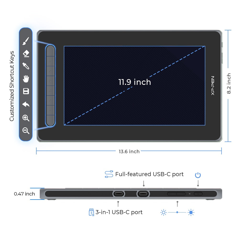 XPPen Artist 12 2nd Gen 11.9 Inch Graphic Tablet Monitor X3 Smart Stylus 127% sRGB 8192 Levels Support Tilt Windows Mac Android