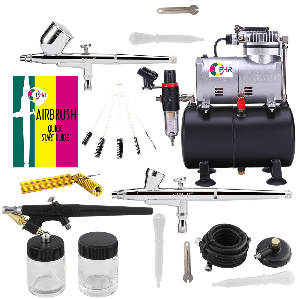 OPHIR 3-Airbrush Spray Guns Kit &amp; Air Compressor with Tank &amp; Cleaning Brush Needle for Model Paint Nail Art AC090+004A+071+073