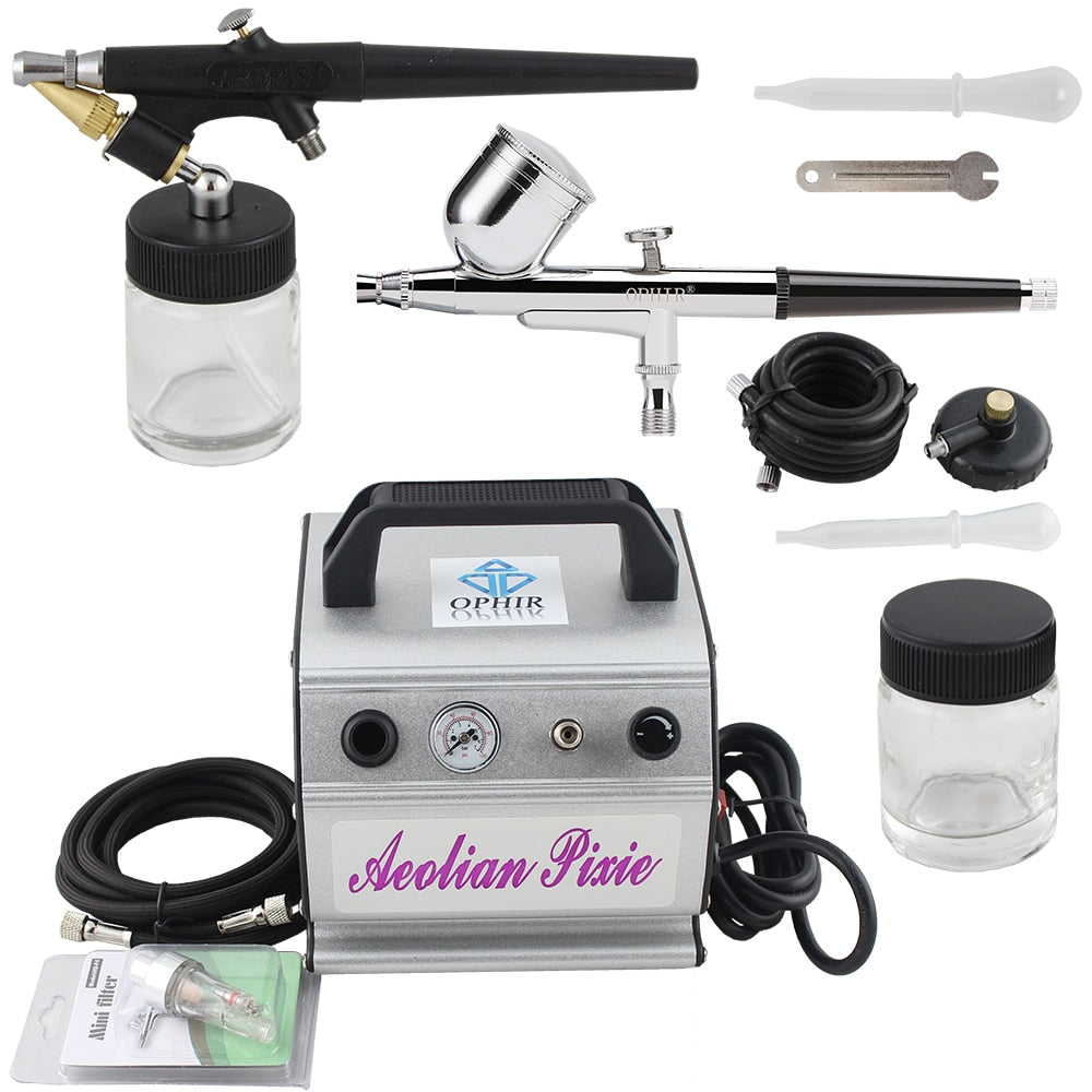 OPHIR Body Paint Dual 0.3mm &amp; Single 0.8mm Action Airbrush Paint Gun Compressor Set for Tattoo Nail Art Makeup_AC088+AC004+AC071