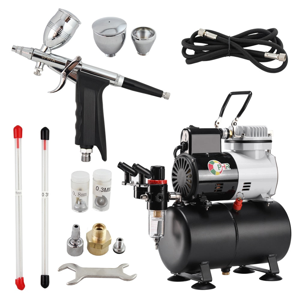 OPHIR Dual Action Spray Gun &amp; Air Compressor with Tank Touch-Up Auto Paint Sprayer Airbrush Kit for Craftwork Body Art AC115+069