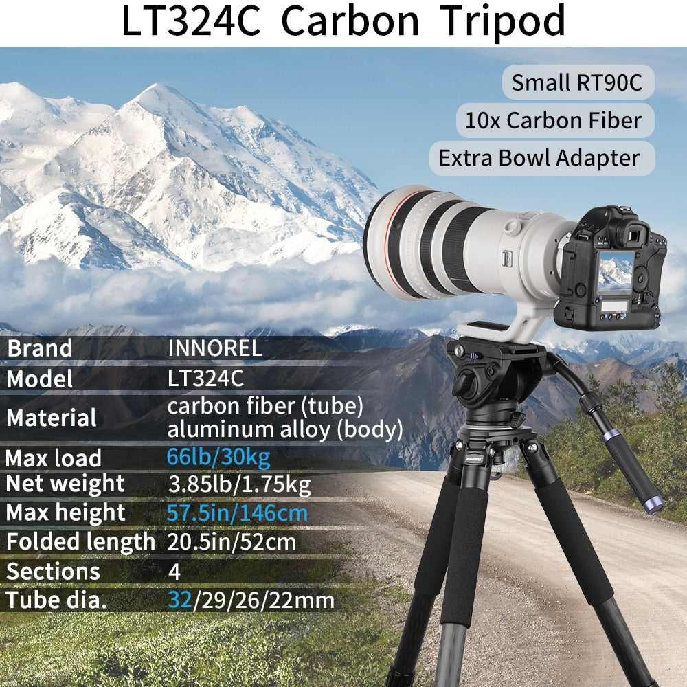 LT324C Portable 10 Layers Carbon Fiber Tripod for Camera Bird Photography Heavy Stand DSLR Ballhead Fluid Head 75mm Bowl Adapter