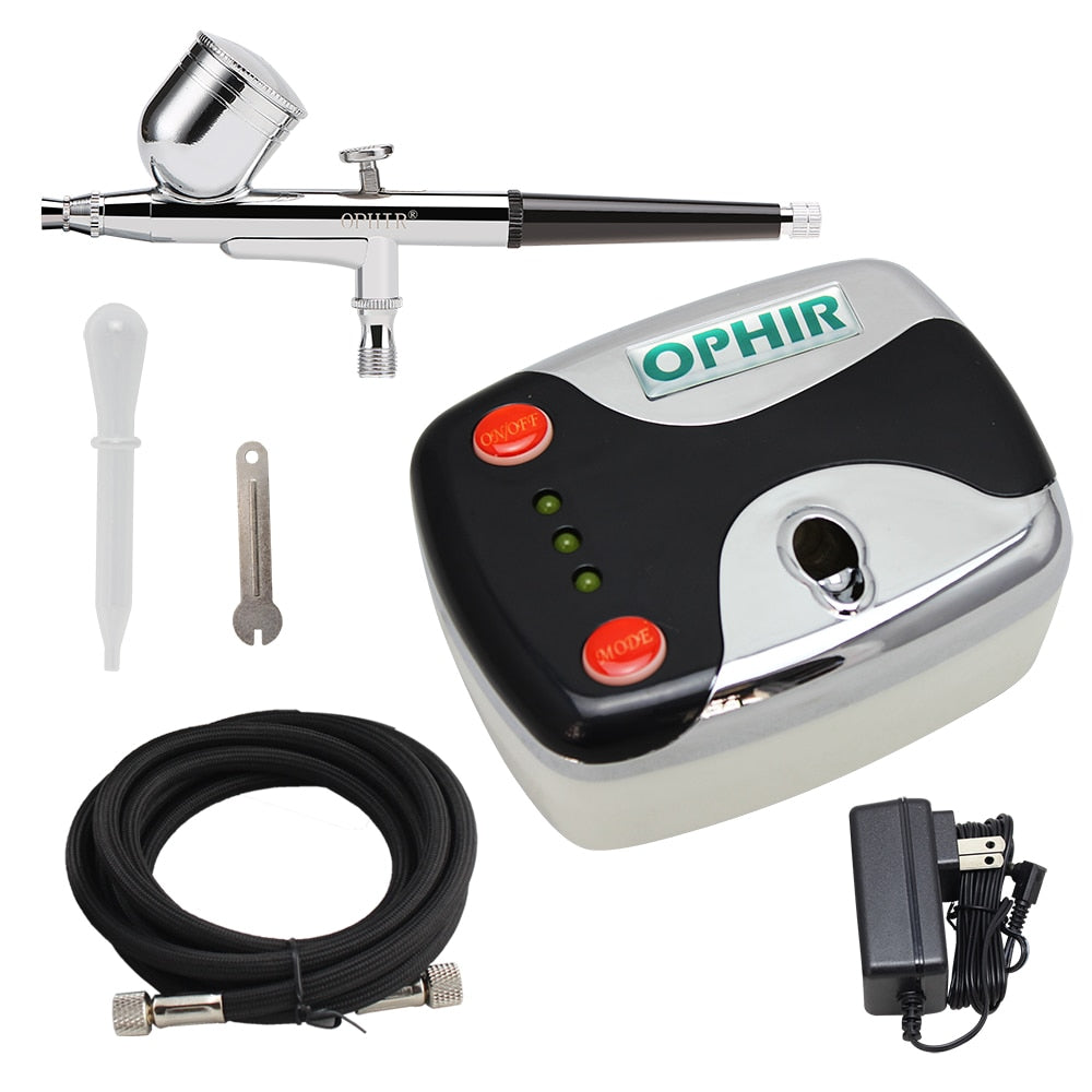 OPHIR Pro 0.3mm Dual Action Airbrush Kit with Compressor for Nail Art Makeup Body Paint Cake Decorating Airbrush Set_AC002+AC004