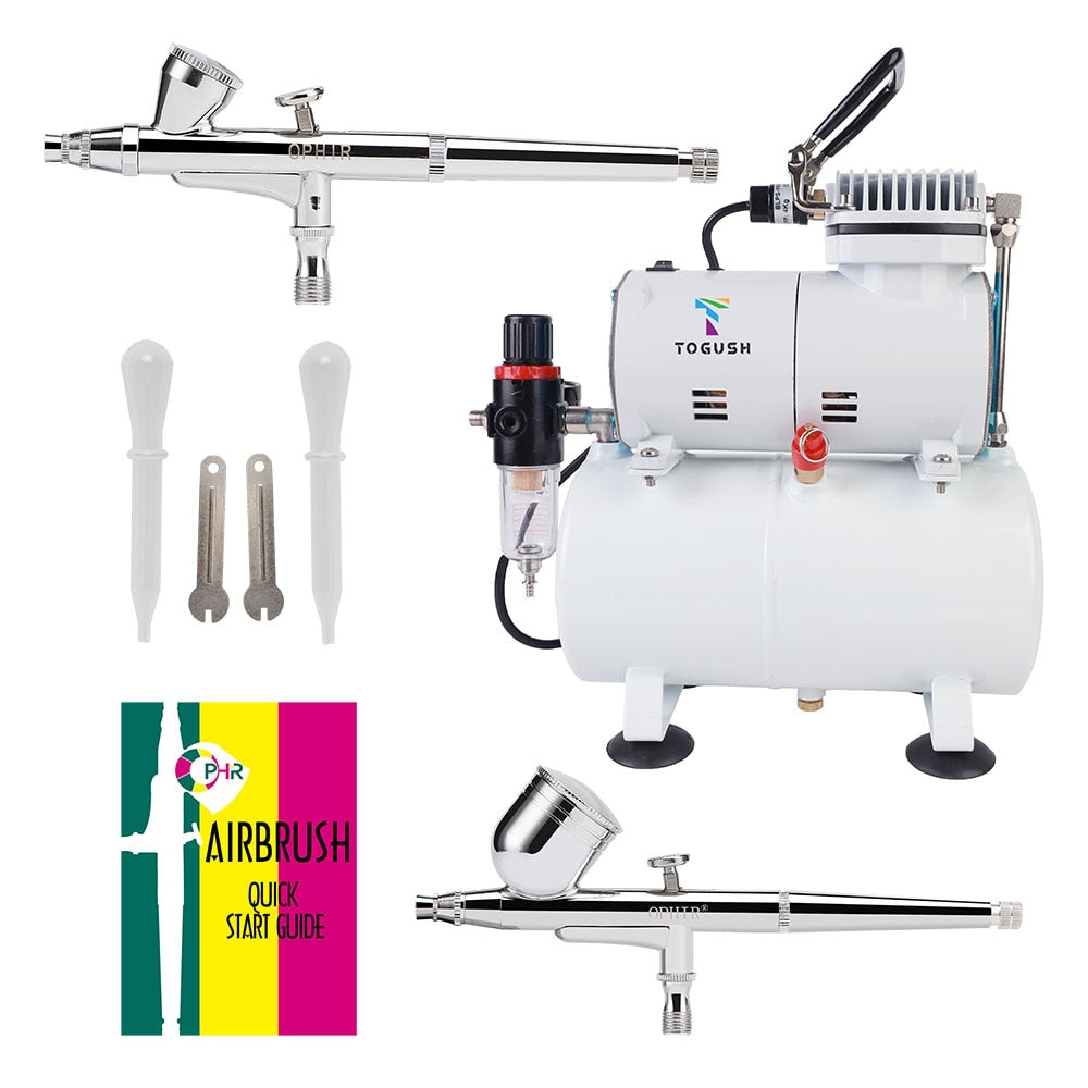 OPHIR 2x Dual-Action Airbrush Kit 0.2mm 0.3mm &amp; Air Tank Compressor for Makeup Cosmetic Nail Art Tattoo 110V,220V AC134+004A+073