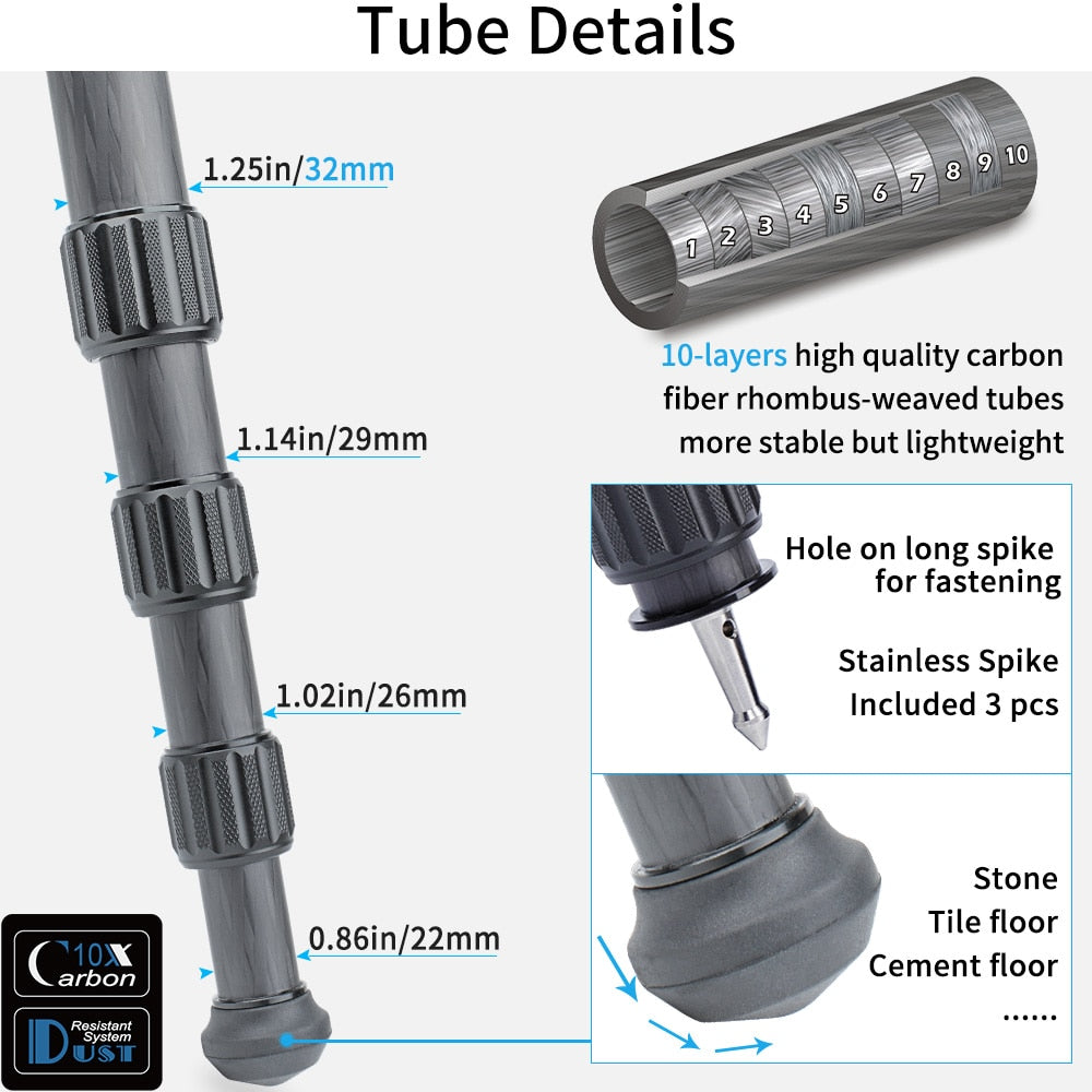 LT324C Portable 10 Layers Carbon Fiber Tripod for Camera Bird Photography Heavy Stand DSLR Ballhead Fluid Head 75mm Bowl Adapter