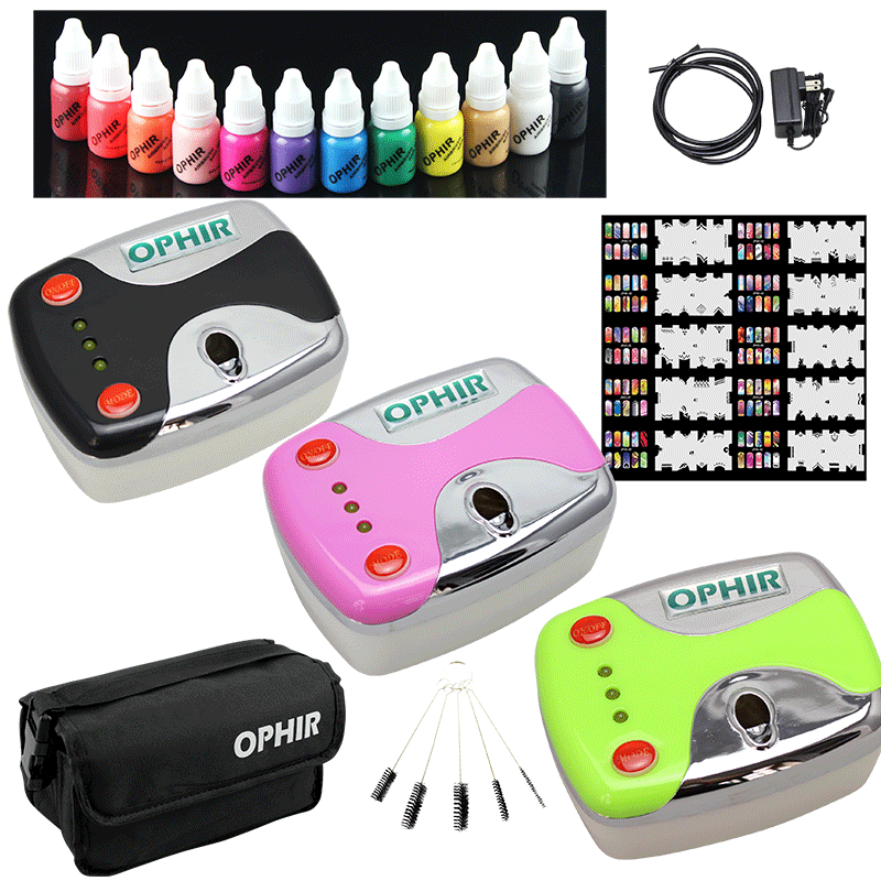 OPHIR Airbrush Nail Art Set 0.3mm Airbrush Kit with Air Compressor 12 Color Inks 20x Stencils Brush &amp; Bag Nail Tool _OP-NA001