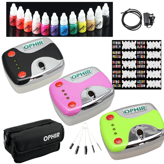 OPHIR Airbrush Nail Art Set 0.3mm Airbrush Kit with Air Compressor 12 Color Inks 20x Stencils Brush &amp; Bag Nail Tool _OP-NA001